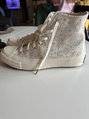 Converse High-Top Canvas Sneakers in Cream with Metallic-Gold Print